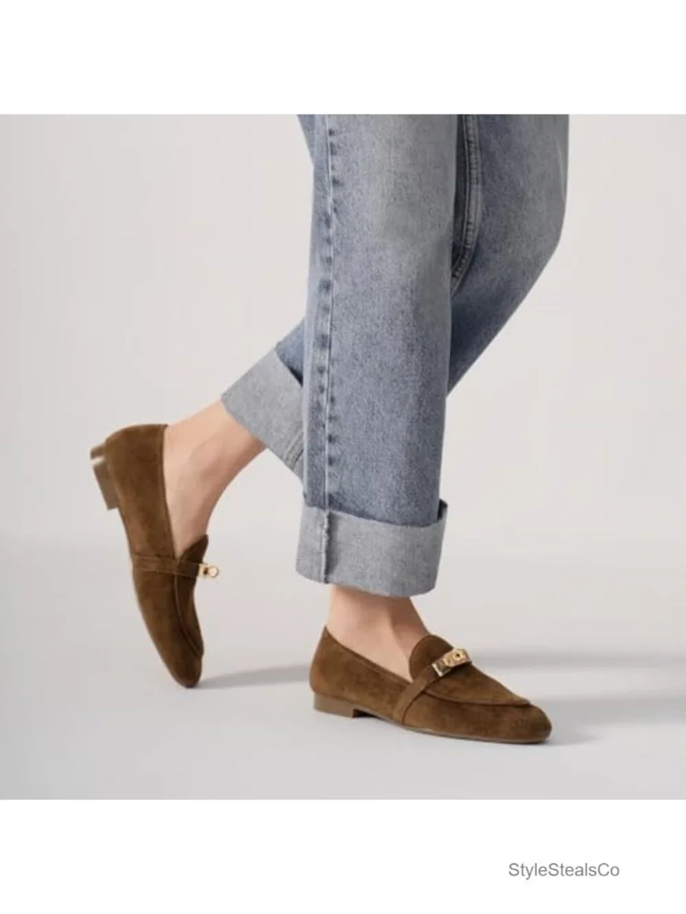 Suede Leather Loafers with Metal Buckle Slip-On Low Heel Work Shoes